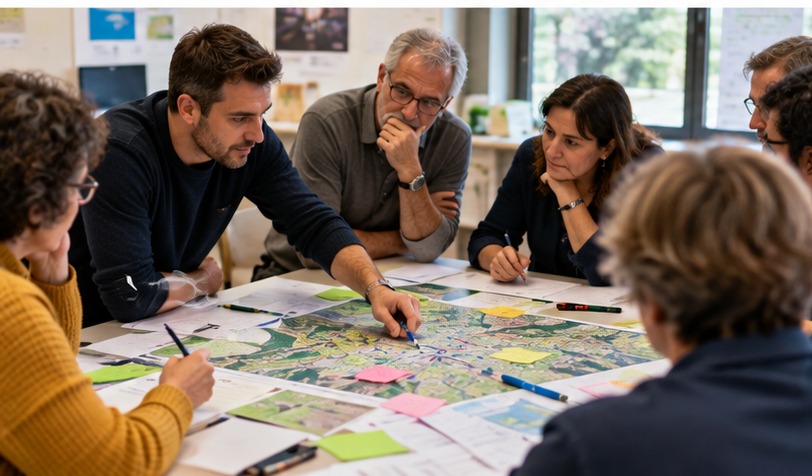Habitants et acteurs locaux réunis autour d'une carte pour réfléchir à l'aménagement du territoire