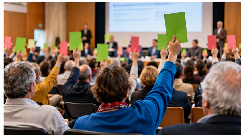 Assemblée citoyenne participant à un vote à main levée